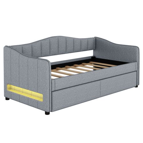 Lit Simple 90x200 Cm Avec Lit Gigogne Tissu Gris