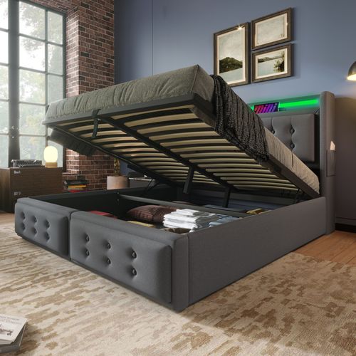 Lit Coffre 180x200 Cm Avec Sommier Relevable Tête De Lit Avec Prises Et USB-c