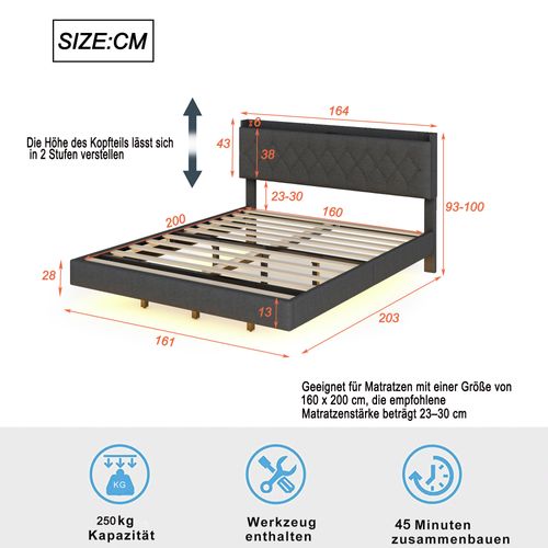 Lit Rembourré 160x200 Cm Avec Structure Avec LED Et Port De Charge Tissu Gris