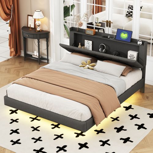 Lit Rembourré 160x200 Cm Avec Structure Avec LED Et Port De Charge Tissu Gris