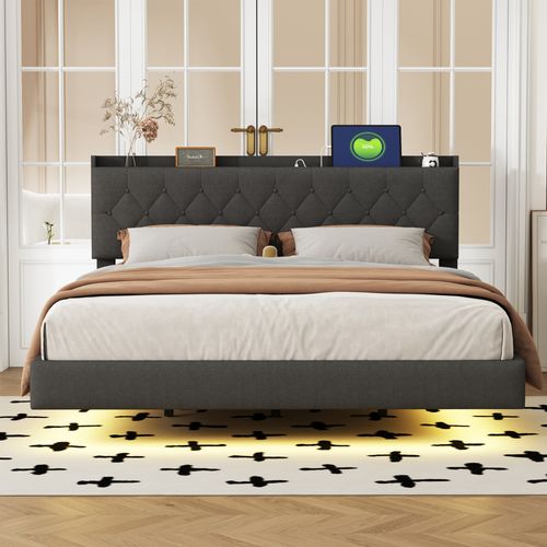 Lit Rembourré 160x200 Cm Avec Structure Avec LED Et Port De Charge Tissu Gris