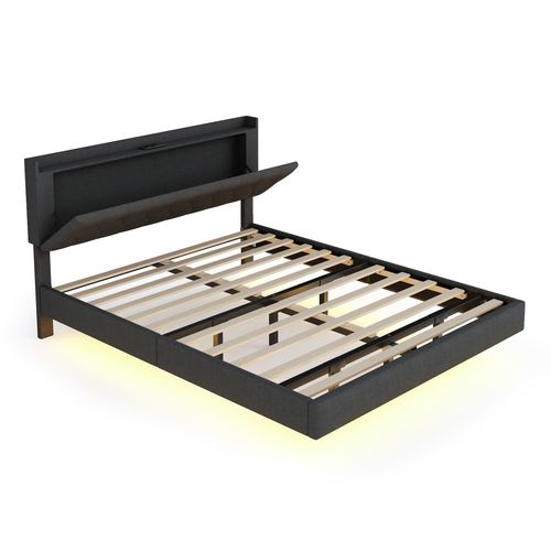 Lit Rembourré 160x200 Cm Avec Structure Avec LED Et Port De Charge Tissu Gris