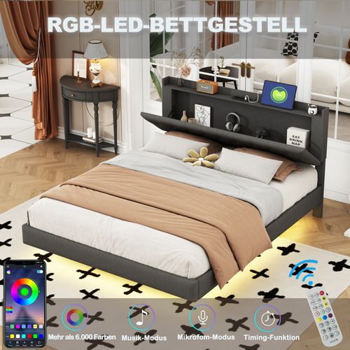 Lit Rembourré 160x200 Cm Avec Structure Avec LED Et Port De Charge Tissu Gris