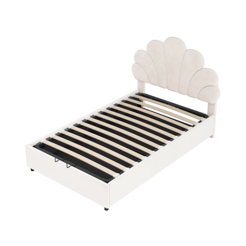 Lit Coffre 90x200 Cm Avec Sommier à Lattes Tête De Lit Fleurie Beige