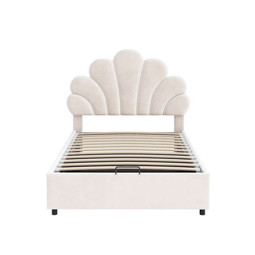 Lit Coffre 90x200 Cm Avec Sommier à Lattes Tête De Lit Fleurie Beige