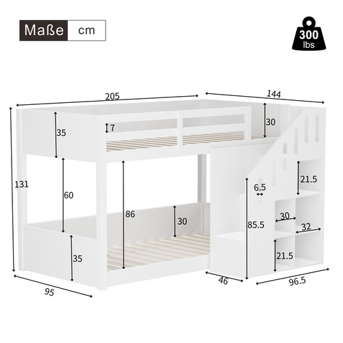 Lit Superposé 90x200 Cm Avec Escalier De Rangement Blanc