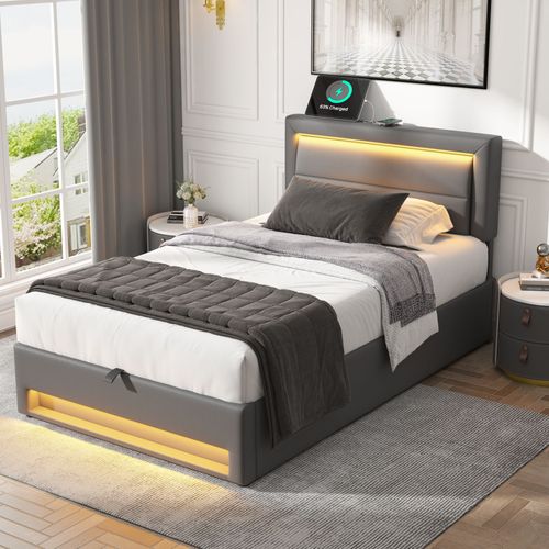 Lit Rembourré 90x190 Cm Avec Ports USB, LED Et Rangement Gris