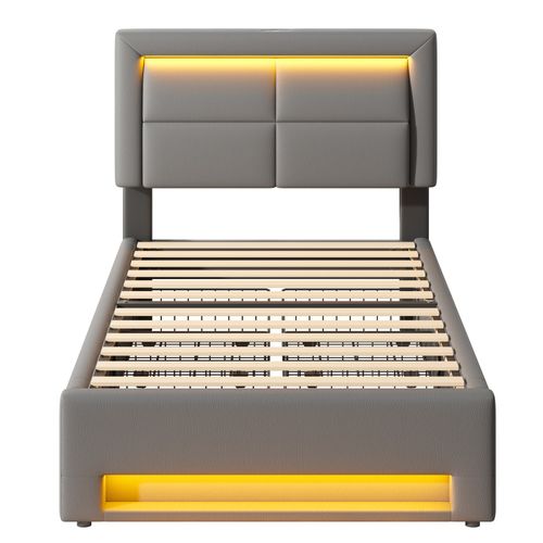 Lit enfant 90x200 Cm Avec Ports USB Tête De Lit LED Gris