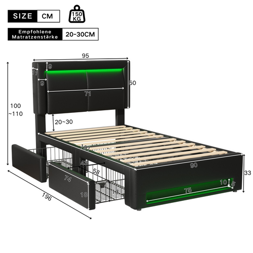 Lit Simple 90x190 Cm Avec 4 Tiroirs Et Ports USB Éclairage LED Noir