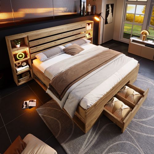 Lit Double 180x200 Cm Avec Structure Bois Et Métal Tête De Lit Avec LED Et USB