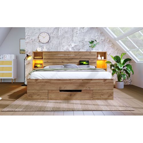 Lit Double 180x200 Cm Avec Structure Bois Et Métal Tête De Lit Avec LED Et USB