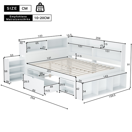 Lit Double 140x200 Cm Avec Structure En Contreplaqué Blanc