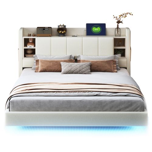 Lit Rembourré 140x200 Cm Avec Structure En Métal Tissu Beige