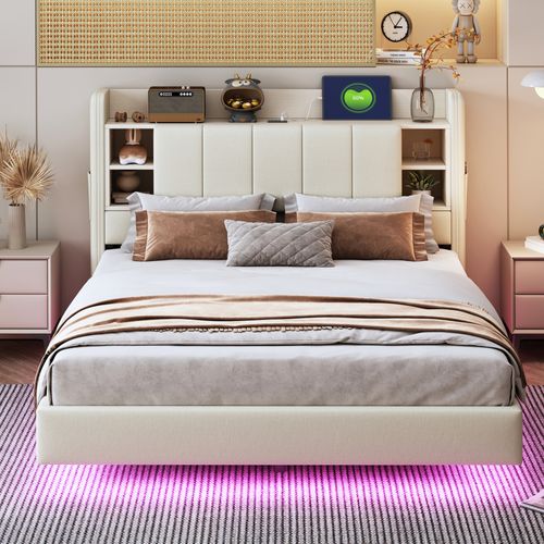 Lit Rembourré 140x200 Cm Avec Structure En Métal Tissu Beige