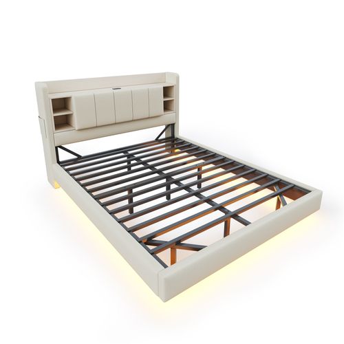 Lit Rembourré 160x200 Cm Avec Structure Métallique Tissu Beige