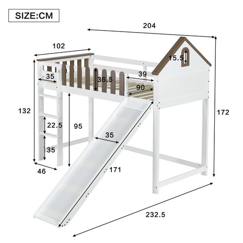 Lit Mezzanine 90x200 Cm Avec Toboggan Blanc Et Noyer