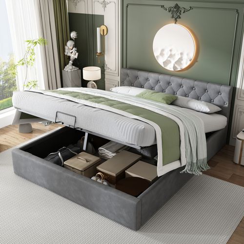 Lit Coffre 140x200 Cm Avec Sommier Relevable Tissu Velours Gris