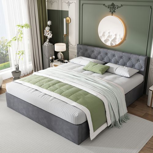 Lit Coffre 140x200 Cm Avec Sommier Relevable Tissu Velours Gris