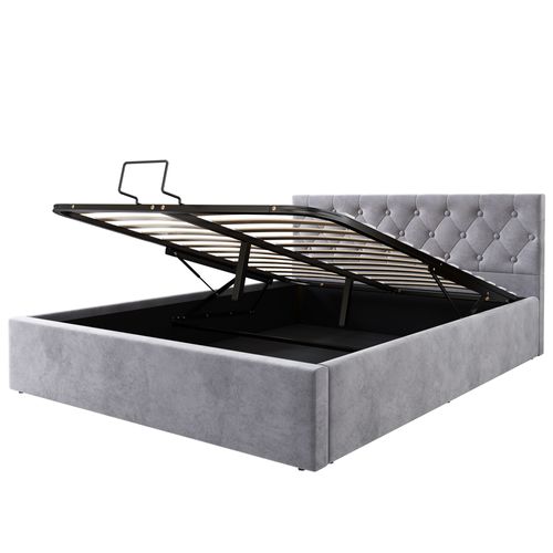 Lit Coffre 140x200 Cm Avec Sommier Relevable Tissu Velours Gris