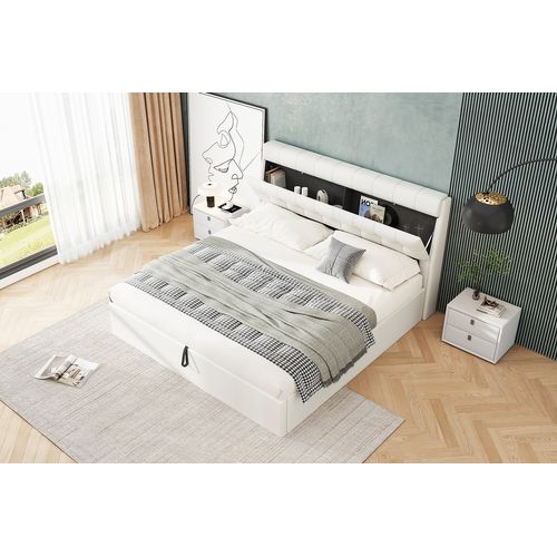 Lit Coffre 140x190 Cm Avec Structure Relevable Hydraulique En Pu Blanc