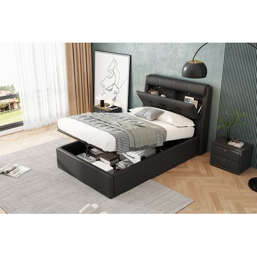 Lit Coffre 90x200 Cm Avec Sommier Relevable Hydraulique En Pu Noir