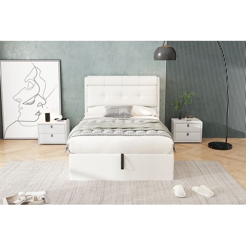 Lit Coffre 90x200 Cm Avec Structure Relevable Hydraulique Pu Blanc