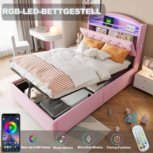 Lit Coffre 90x200 Cm Avec Structure Avec Rangement Rose