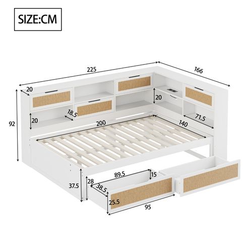 Lit Double 140x200 Cm Avec Structure En Bois Rangements Et Prises Blanc