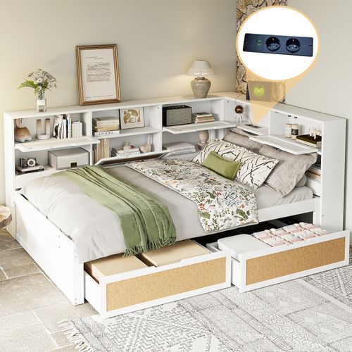 Lit Double 140x200 Cm Avec Structure En Bois Rangements Et Prises Blanc