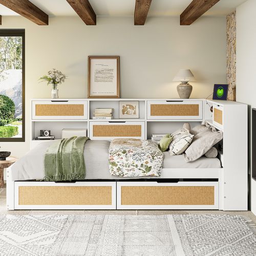 Lit Double 140x200 Cm Avec Structure En Bois Rangements Et Prises Blanc