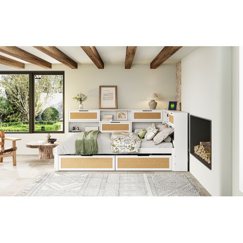 Lit Double 140x200 Cm Avec Structure En Bois Rangements Et Prises Blanc