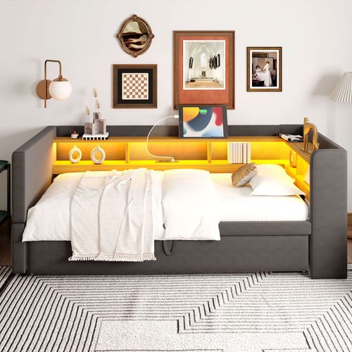 Canapé-lit 90/180x190 Cm Avec Structure Convertible Tissu Flanelle Gris Foncé