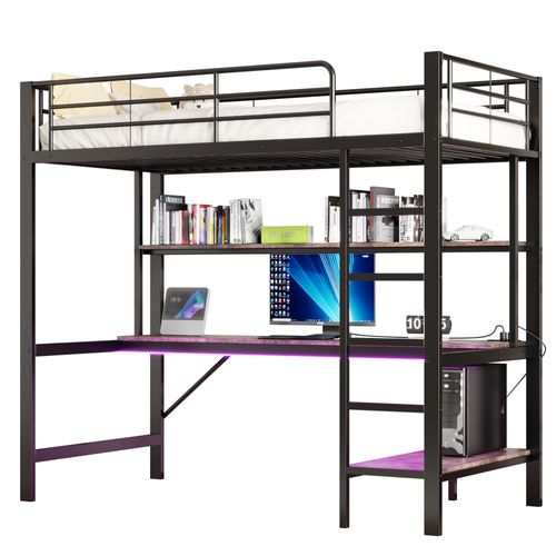 Lit Mezzanine 90x200 Cm Avec Structure Métal Et Mdf Noir