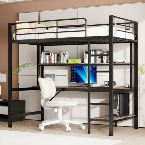 Lit Mezzanine 90x200 Cm Avec Structure Métal Et Mdf Noir