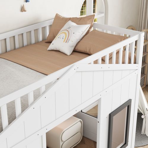 Lit Mezzanine 90x200 Cm Avec Escalier Droit Blanc Et Gris