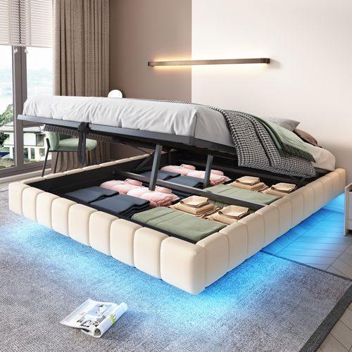 Lit Coffre 160x200 Cm Avec Structure Relevable LED Tissu Beige