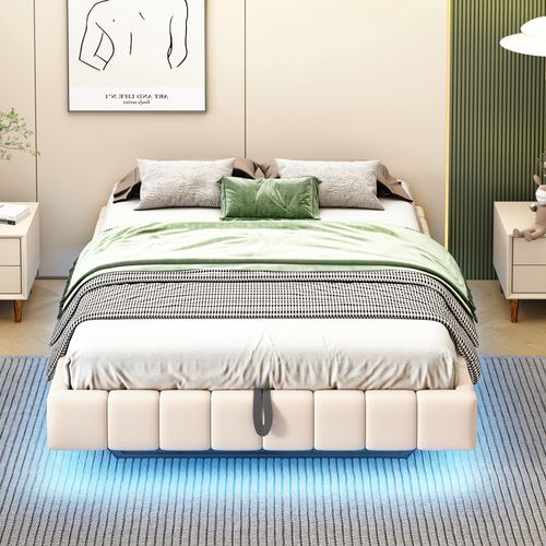 Lit Coffre 140x200 Cm Avec Structure Relevable Tissu Beige