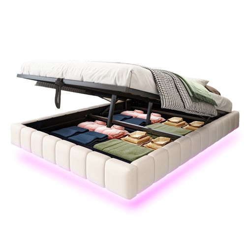 Lit Coffre 140x200 Cm Avec Structure Relevable Tissu Beige