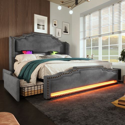 Lit Coffre 180x200 Cm Avec 4 Tiroirs Tête De Lit Velours Gris