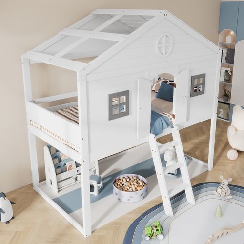 Lit Mezzanine 90x200 Cm Avec Escalier Tête Cabane Blanc Et Gris