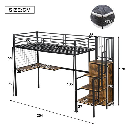 Lit Mezzanine 90x200 Cm Avec Structure En Métal Noir Et Mdf Finition Noyer Foncé