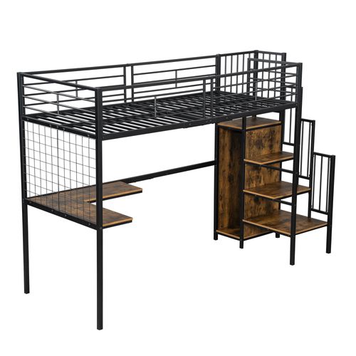 Lit Mezzanine 90x200 Cm Avec Structure En Métal Noir Et Mdf Finition Noyer Foncé