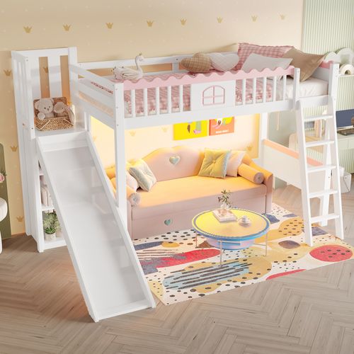 Lit Mezzanine 90x200 Cm Avec Structure En Pin Blanc