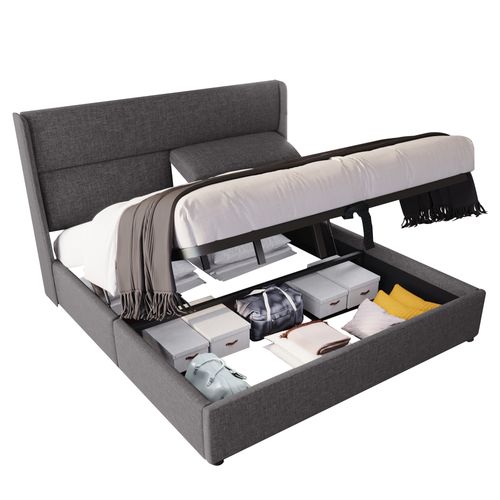 Lit Coffre 140x200 Cm Avec Sommier Relevable Hydraulique Tissu Lin Gris