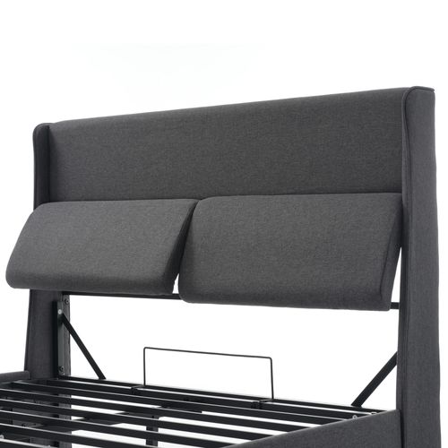 Lit Coffre 140x200 Cm Avec Sommier Relevable Hydraulique Tissu Lin Gris