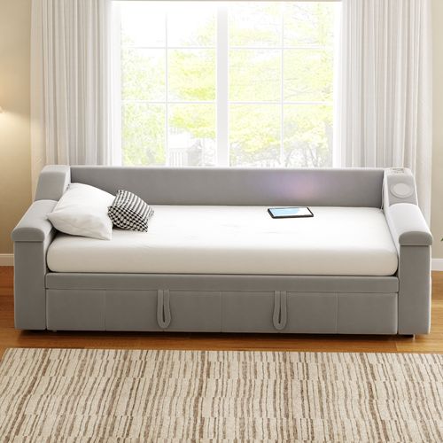 lit gigogne 90/180x190 Cm Avec Mécanisme D’extraction Hydraulique Tissu Velours Gris