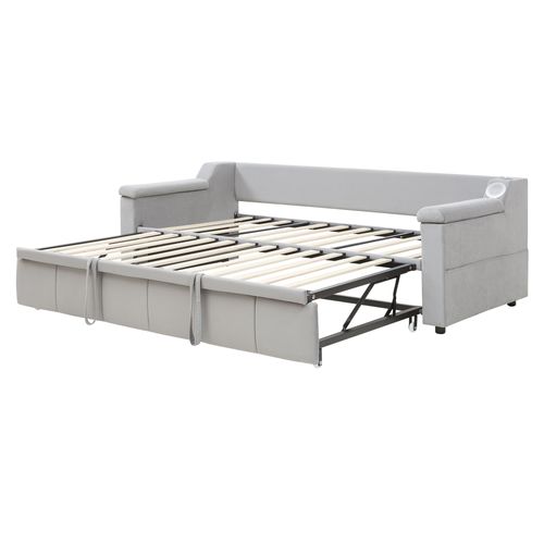 lit gigogne 90/180x190 Cm Avec Mécanisme D’extraction Hydraulique Tissu Velours Gris