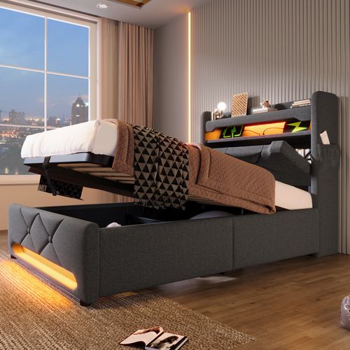 Lit enfant 90x200 Cm Avec Sommier Relevable Tête De Lit Avec Ports USB/type-c