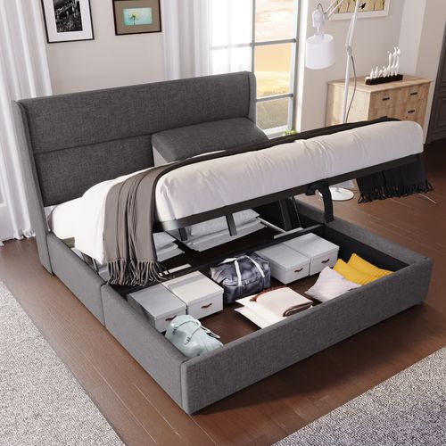 Lit Coffre 160x200 Cm Avec Sommier Relevable Hydraulique Tissu Gris