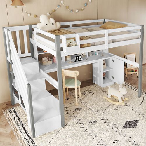 Lit Mezzanine 90x200 Cm Avec Escalier De Rangement Blanc Et Gris